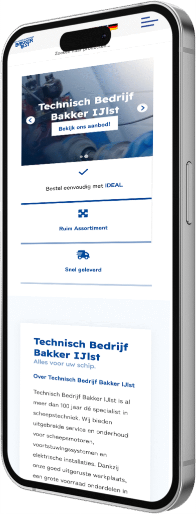 Mobiele website met responsive design en bedrijfsinformatie op smartphone scherm