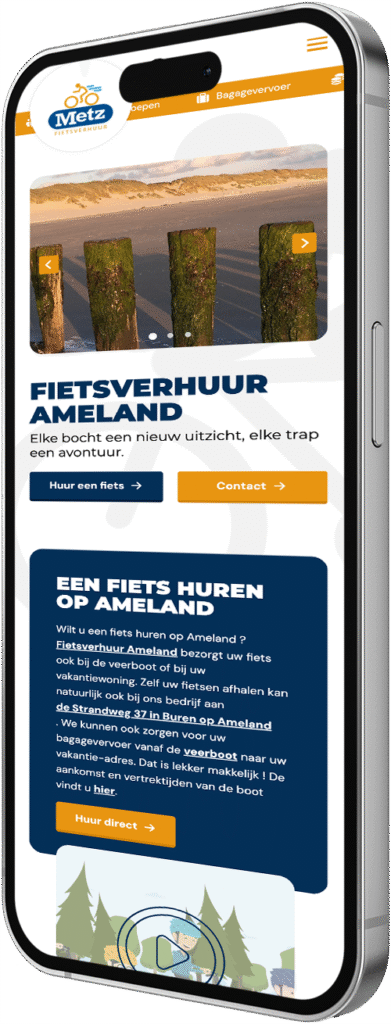 Mobiele weergave van fietsverhuur website met online reserveringssysteem en boekingsfunctionaliteit