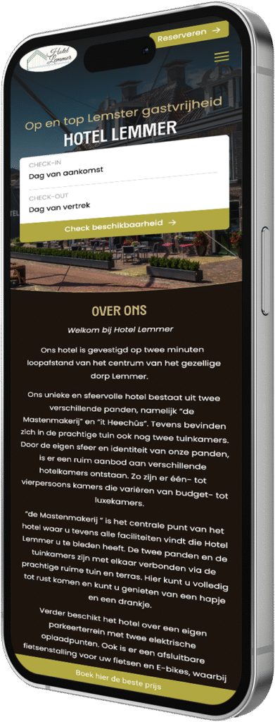 Mobiele website voor hotel Eemlander met online reserveringssysteem en responsief design op smartphone