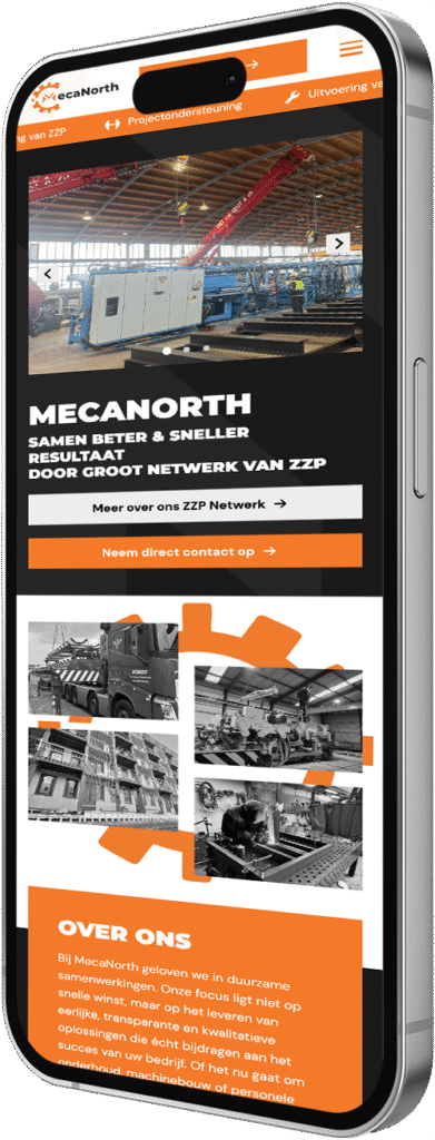 Mobiele website van Mecanorth met industriële installatiebeelden en dienstverlening voor mechanica, lassen en elektro
