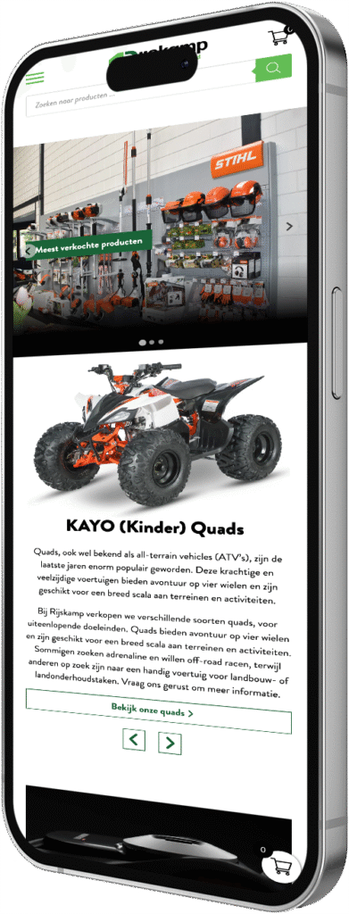Smartphone toont responsive website met productfoto's en KAYO Quad specificaties, professionele webdesign presentatie